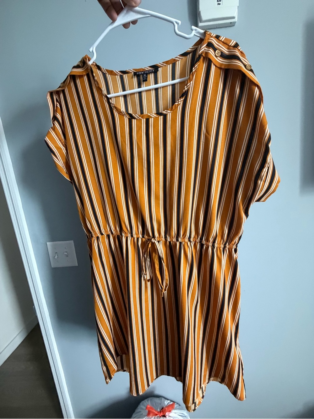 Striped Drawstring Waist Tunic Dress - Mustard Stripe
